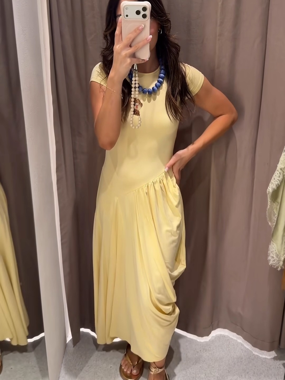 ZARA Butter Yellow Short-Sleeve Asymmetric Draped Midi Dress